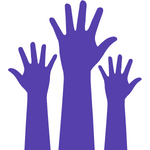 three purple hands in the air