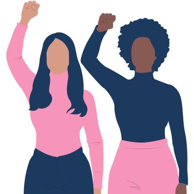 women in blue and pink raising arms in solidarity