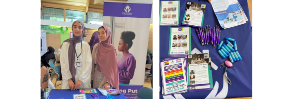 two images of people attending an event with Staying Put merchandise