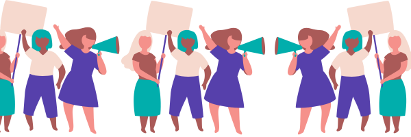 women holding megaphones and placards