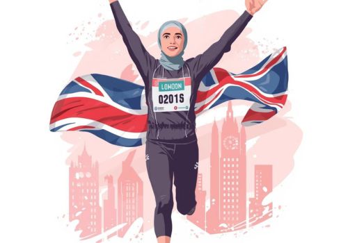 Woman in hijab crossing the finish line at the London Marathon