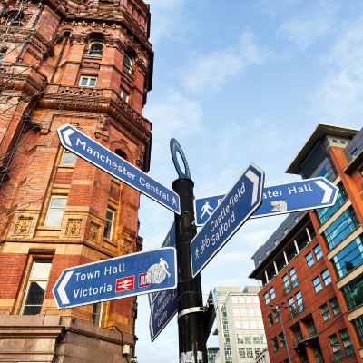 Blue signposts in city centre