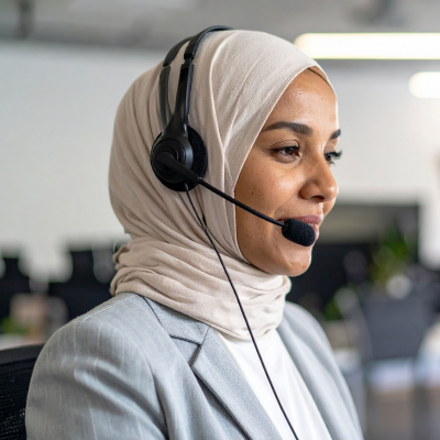 woman in headscarf using a headset